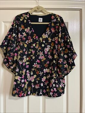 CAbi 3695 Dark Navy Floral V-Neck Blouse with Pink & Gold Blooms